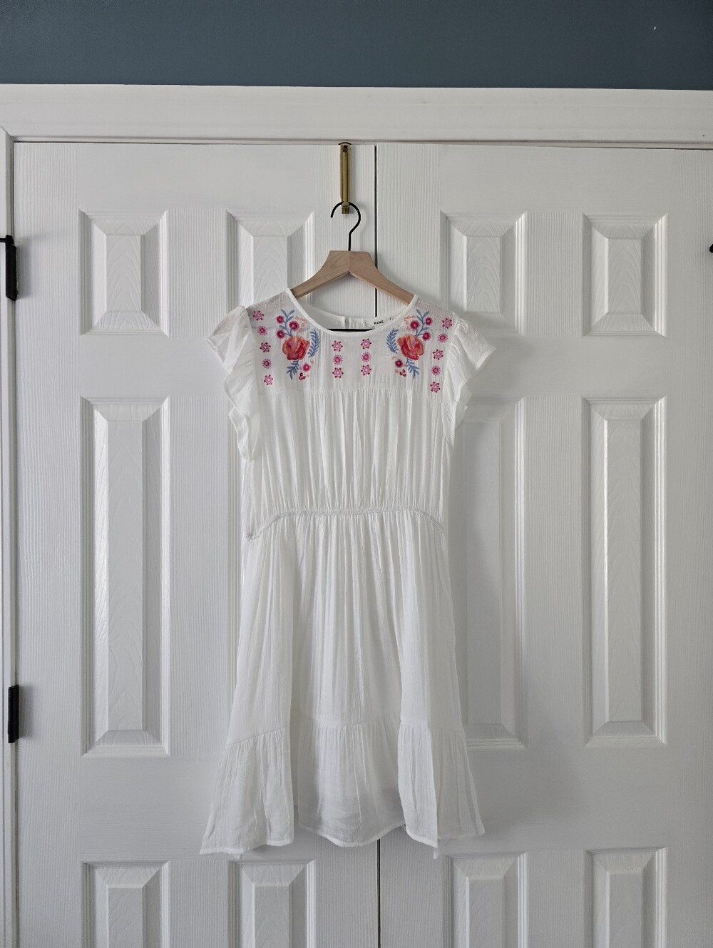 mine White Dress with Pink and Red Floral Embroidery